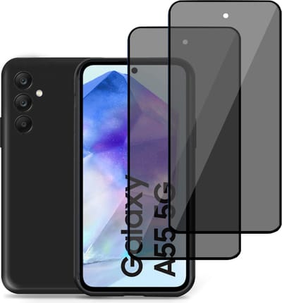 Geschikt voor Samsung Galaxy A55 - Hoesje + 2x Privacy Screenprotector – Privé Gehard Glas Cover - Suède Case Zwart