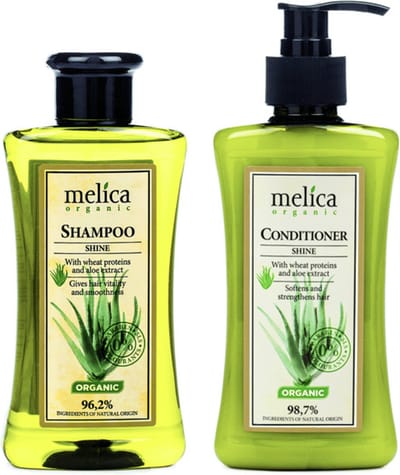 2 x MELICA ORGANIC GLANS CARE SET 96,2% Natuurlijke GLANS Proteïne SHAMPOO en 98,7% Natuurlijke GLANS Proteïne CONDITIONER-BALSEM met TARWE-EIWITTEN en ALOË VERA EXTRACT Zonder Parabenen, SLS 600ml