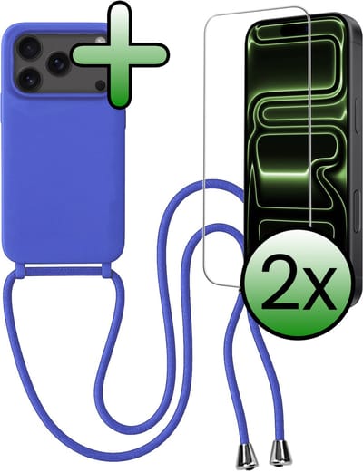 Hoes Geschikt voor iPhone 17 Pro / 18 Pro Hoesje Met Koord Met 2x Screenprotector - Telefoonhoesje Geschikt voor iPhone 17 Pro / 18 Pro Backcover Met Afneembaar Koord - Felblauw
