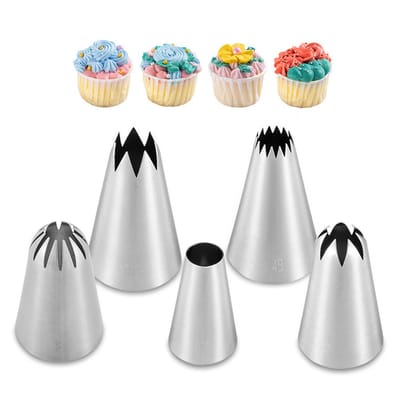 QTTVBTNA - Spuitmondjes Set - RVS 304 - Herbruikbaar - Voor Taarten & Cupcakes - Bakaccessoires - Beginners & Hobbybakkers - Zilver - 5 Stuks