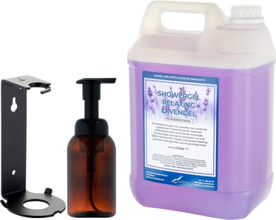 Zeepdispenser 300 ml amber bruin hervulbaar + 5 liter Showergel Relaxing Lavendel navulling (inclusief beugel)