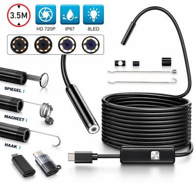 Endoscoop - geschikt voor USB-C en Lightning Smartphones - Inspectiecamera - Inspectiegereedschap - 8mm kop - flexibele HD - 3,5M kabel - waterproof - 8 LED Verlichting