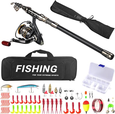 SnelShoppen - Complete Telescopische Visspullen Set 1.8m - Visstok Spinning Rod met Hengelrol, Vissnoer, Aas, Haak & Draagtas - Ideaal voor Beginners,