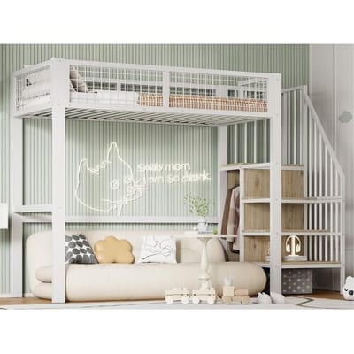 ModernLuxe Hoogslaper 90x200 cm met kledingkast en trap - metalen frame - Wit