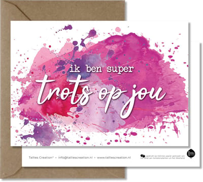 Tallies Cards - greeting  - wenskaarten - Trots op jou - Aquarel  - Set van 4 ansichtkaarten - geslaagd - diploma - zwemdiploma - rijbewijs - Inclusief kraft envelop - 100% Duurzaam