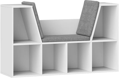 Boekenkast - 105 x 30 x 63 cm - Opbergrek met 6 Vakken en Zitkussen - Linnenlook - MDF - Wit