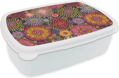 Broodtrommel Wit - Lunchbox - Brooddoos - Bloemen - Patroon - Lijn - 18x12x6 cm - Volwassenen