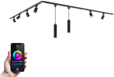 HOFTRONIC railverlichting pakket L-vorm – 4x 1 meter rail 6 railspots 2 hanglamp RGBWW GU10 – dimbaar – aluminium zwart – IP20 – modulair – 230V – smart verlichting woonkamer keuken