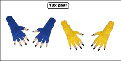 10x Paar vingerloze handschoen blauw en geel - Merk Partyxplosion - Feest festival thema feest party optocht themafeest