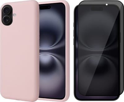 Hoesje geschikt voor iPhone 16 - Privacy Screenprotector Volledig Dekkend Glas - Matte Case Roze met Fluweelzachte Binnenzijde