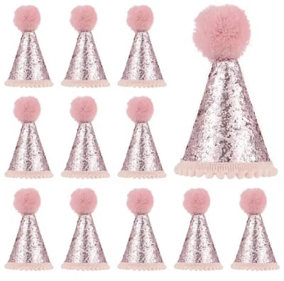 KimDo - Mini Feestmuts Roze Glitters - 12 Stuks - Feesthoedjes voor Knuffels - Puntmuts - Dieren - verjaardagsfeestjes