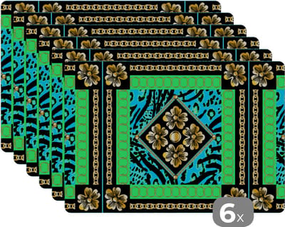 Placemat - Placemats kunststof - Dierenprint - Bloemen - Ketting - Goud - Patroon - 45x30 cm - 6 stuks - Hittebestendig - Anti-Slip - Onderlegger - Afneembaar