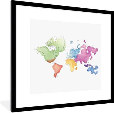 Poster in lijst - Fotolijst 40x40 cm - Posters - Moderne wereldkaart in waterverf - Posterlijst zwart - Decoratie - Wanddecoratie woonkamer - Muurdecoratie slaapkamer