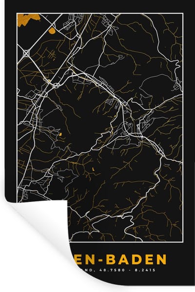 Muurstickers - Sticker Folie - Stadskaart – Kaart – Baden Baden – Gold – Duitsland – Plattegrond - 20x30 cm - Plakfolie - Muurstickers Kinderkamer - Zelfklevend Behang - Zelfklevend behangpapier - Stickerfolie