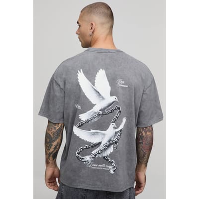 Acid Antraciet Oversized Duif Grafisch T-shirt | Washed Charcoal | Size XS