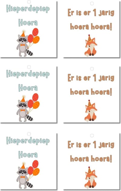 Cadeaulabels Verjaardag Kinderen - Cadeaukaartjes - Vos Wasbeer - Set van 6