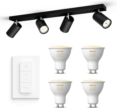 Philips Hue Kosipo Opbouwspot (Zwart) - Warm tot Koelwit Licht - Incl. Hue Dimmer Switch - Plafondspot met 4 Lichtpunten - GU10 - Hue White Ambiance
