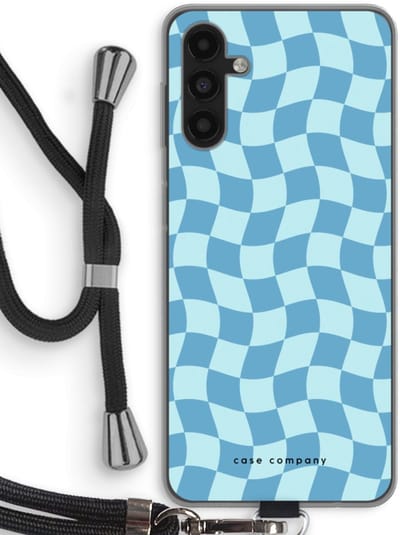 Case Company® - Hoesje met koord geschikt voor Samsung Galaxy A04s hoesje met Koord - Grid Blauw - Telefoonhoesje met Zwart Koord - Bescherming aan alle Kanten en Over de Schermrand