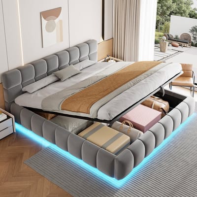 MODENUIT Gestoffeerd bed 180x200 cm – LED-verlichting – Hydraulische opbergruimte – Tweepersoonsbed – Zonder matras – Grijs