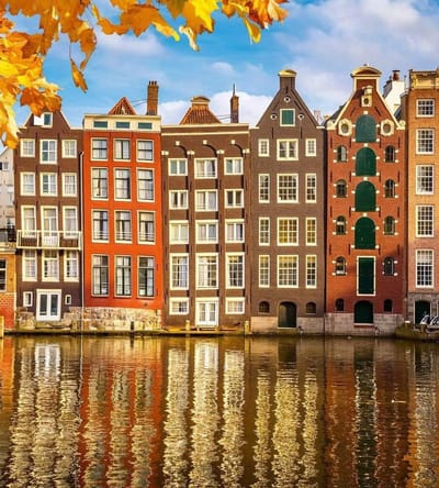 Fotobehang - Houses in Amsterdam 225x250cm - Vliesbehang