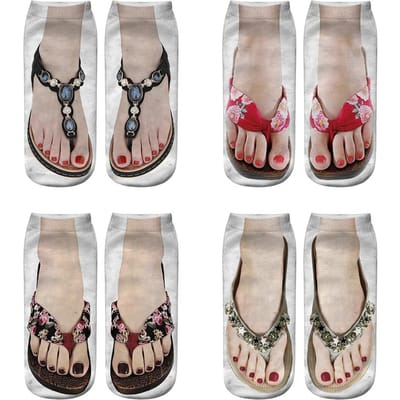 4 paar grappige slippers met manicureprint, sokken met 3D-patroon en sandalen met print, lage enkelsokken Color 3+5+6+10 white