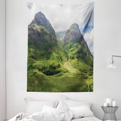 ABAKUHAUS Schotland Tapijt, Glencoe Highlands Clouds, woonkamer slaapkamer wanddoek zijdezacht satijn wandtapijt, 150 x 200 cm, varen groen wit