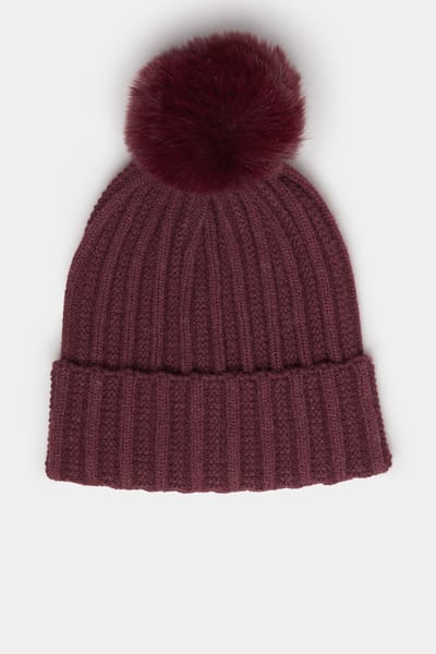 Yours Bordeauxrode Muts Met Pompon Van Imitatiebontsize One Size