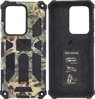Hoesje Geschikt Voor Samsung Galaxy S20 Ultra Hoesje - Rugged Extreme Backcover Blaadjes Camouflage met Kickstand - Groen
