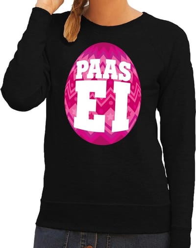 Zwarte Paas sweater met roze paasei - Pasen trui voor dames - Pasen kleding XS
