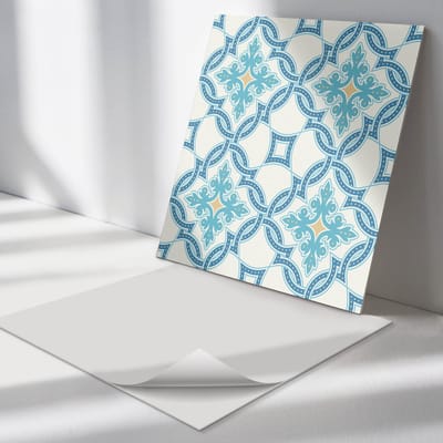Wallfluent Vinyl Tegels - Arabesque-Stijlpatroon Wand PVC Tegels - 30 cm x 30 cm - Turkoois Vinyl Tegels - Verpakking van 9 stuks - Vierkant PVC Tegels - Patroon Plaktegels - Vinyl Tegels Zelfklevend - Plaktegels Keuken en Badkamer