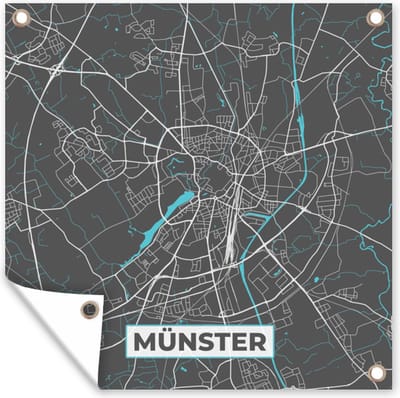 Tuin poster Stadskaart – Kaart – Münster – Blauw – Duitsland – Plattegrond - 200x200 cm - Tuindoek