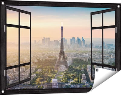 Gards Tuinposter Doorkijk Skyline van Parijs met de Eiffeltoren - 90x60 cm - Tuindoek - Tuindecoratie - Wanddecoratie buiten - Tuinschilderij