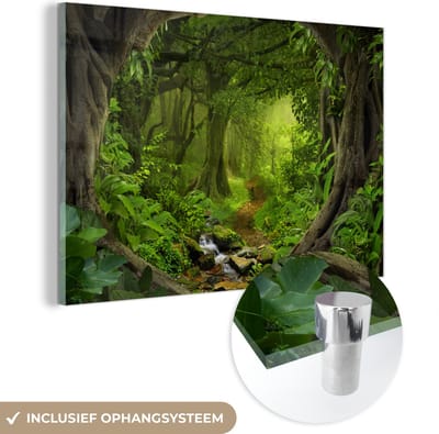 MuchoWow - Glasschilderij - Schilderij glas - Jungle - Rivier - Boom - Groen - Stenen - Foto op glas - Acrylglas - Schilderijen woonkamer - 150x100 cm - Wanddecoratie - Muurdecoratie