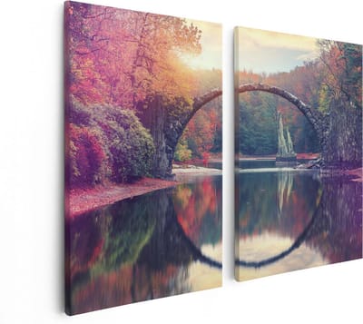 Artaza Canvas Schilderij Tweeluik Rakotz Brug In Duitsland In De Herfst - 80x60 - Foto Op Canvas - Canvas Print
