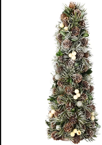 Dekoratief | Kegel vorm m/dennenappels/takjes, naturel/wit/groen, 16x16x41cm | A255592