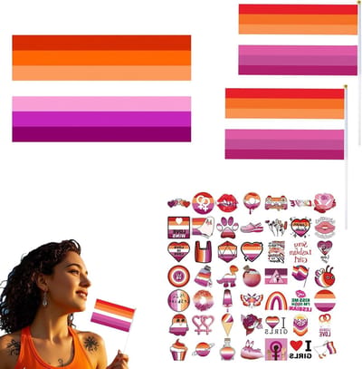Grote en Kleine Lesbische Vlaggen Set met Stickers - Weerbestendig en Geschikt voor Binnen en Buiten Gebruik