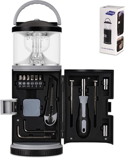 Campinglamp met Gereedschapset - LED Lamp, Schroevendraaier, Rolmaat en Noodlamp voor Kamperen en Power Outage Geschenken voor Mannen