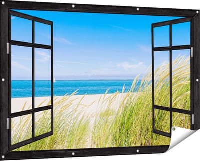 Gards Tuinposter Doorkijk Strand en Zee met een Zeilboot - 150x100 cm - Tuindoek - Tuindecoratie - Wanddecoratie buiten - Tuinschilderij