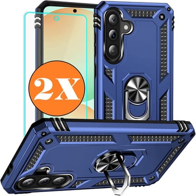 Hoesje Geschikt voor Samsung Galaxy A56 5G Hoesje Blauw Anti-Shock Hybrid Armor hoesje Met Draaibare Ring Houder - Samsung A56 Screenprotector 2 pack
