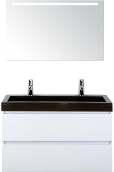Maxx XL Badmeubelset 100 cm - Wit Hoogglans - Wastafel Lucca 2 Kraangaten met LED Spiegel