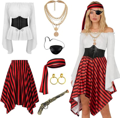 Vrouwelijk Piratenkostuum met Corset, Hoofddoek, Sieraden en Accessoires voor Carnaval en Feestjes