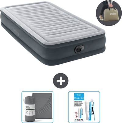Intex Luchtbed - 1 Persoons - 99 x 191 x 33 cm - Grijs - Inclusief pomp - Hoeslaken en Reparatieset
