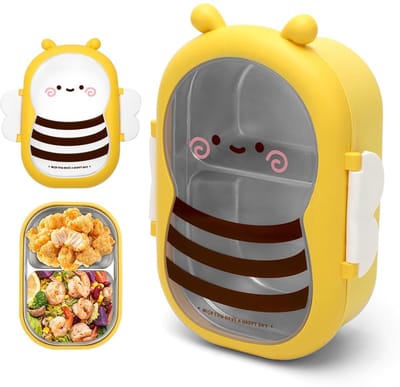 Lunchbox Bento Box met 2 vakken, 22,5 x 16 cm, cartoon, bij, ontbijtbox, lekdoos, brooddoos voor picknick, reizen, vaatwasmachinebestendig