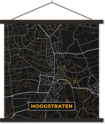 Posterhanger incl. Poster 60x60 cm - Schoolplaat - Kaart - Hoogstraten - Stadskaart - Goud - Plattegrond - Textielposter - Zwarte latten - Stadskaart