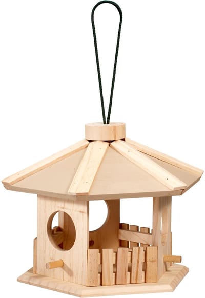 Pro Garden Vogel voeder huisje Kiosk - hangend - hout - 26 x 22 cm - beige/taupe - vogelhuisje - tuin - voederplank