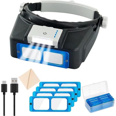 Oplaadbare Hoofdgemonteerde Loep met LED-licht, Hoofdband Dubbele Lens Leesloep voor Nauwkeurig Werk Loupe-1.5X-3.5X