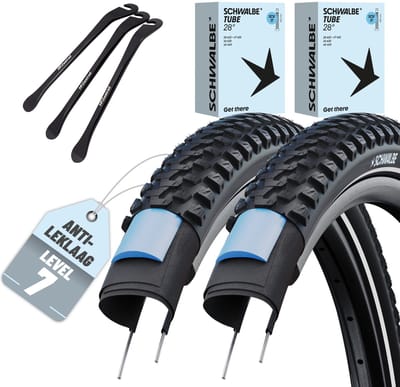 2-delige Set Schwalbe Fietsbanden Marathon Plus MTB 29 inch x 2,25 (57-622) buitenband + SCV Clik ventiel binnenband en 3 metalen MSZweirad bandenlichters voor eenvoudige wisseling van banden