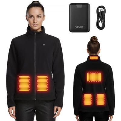 VEVOR Verwarmde Fleece Jas voor Dames, Verwarmde Jas met 7,4V 16000mAh Oplaadbare Powerbank, 6 Verwarmingszones, 3 Temperatuurinstellingen, 3/6/10 Uur Warmte, voor Winterse Outdoor Camping, Zwart, XXL
