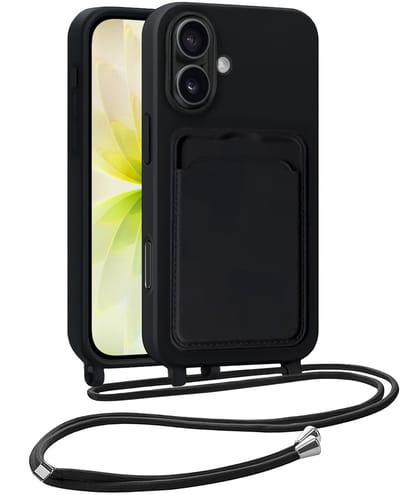 Hoesje Geschikt voor iPhone 17 Telefoonhoesje Met Koord Case Pashouder Siliconen - Hoes Geschikt voor iPhone 17 Hoesje Met Kaarthouder - Zwart