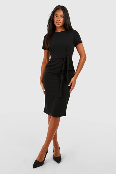 boohoo Dames Jersey Crepe Plisse Voorzijde Mond Ceintuur Midi-Jurk | Zwart | Maat: 36